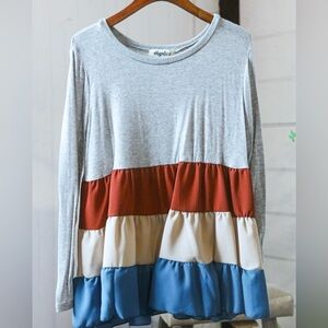 Haptics Women’s Boutique Brand Heather Grey Color Block Ruffle Top Size Large